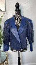 Load image into Gallery viewer, Vintage Blue Leather Fringe Jacket
