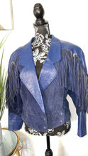 Load image into Gallery viewer, Vintage Blue Leather Fringe Jacket
