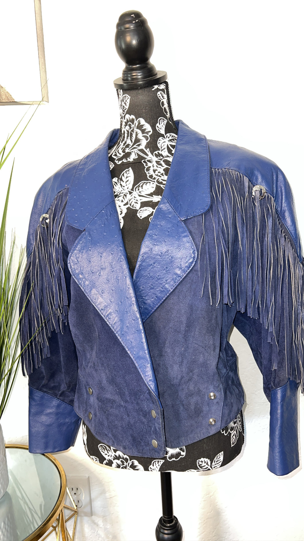 Vintage Blue Leather Fringe Jacket